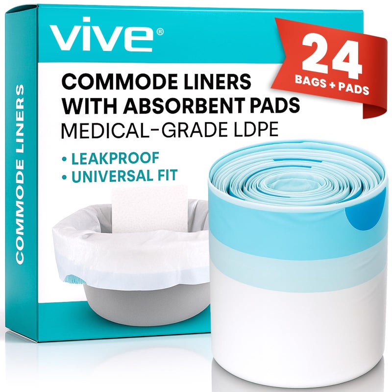 Vive Commode Liners with Absorbent Pads Portable Toilet Bedside Chair Replacement Bags Disposable Porta Potty Liners for Bariatric Standard Arm 3 in 1 Folding Buckets Leakproof 24 Pack